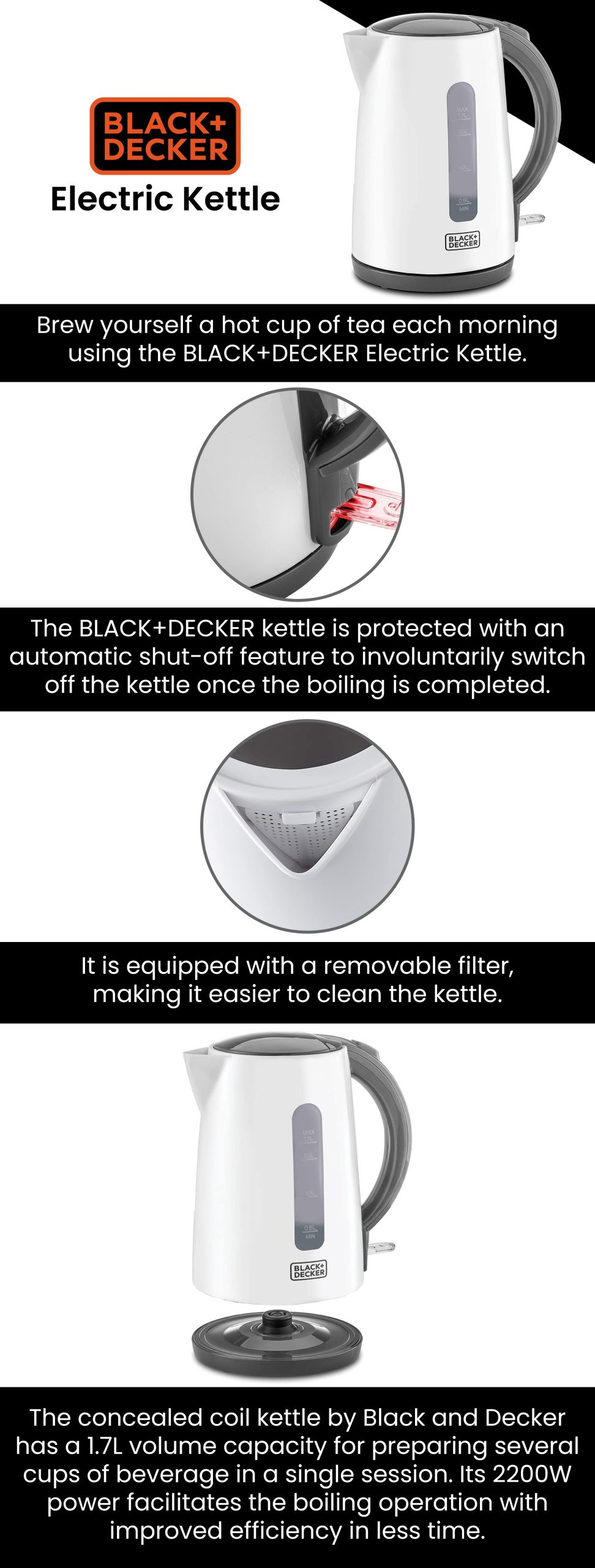 Black & Decker 1.7L Concealed Coil Kettle, White