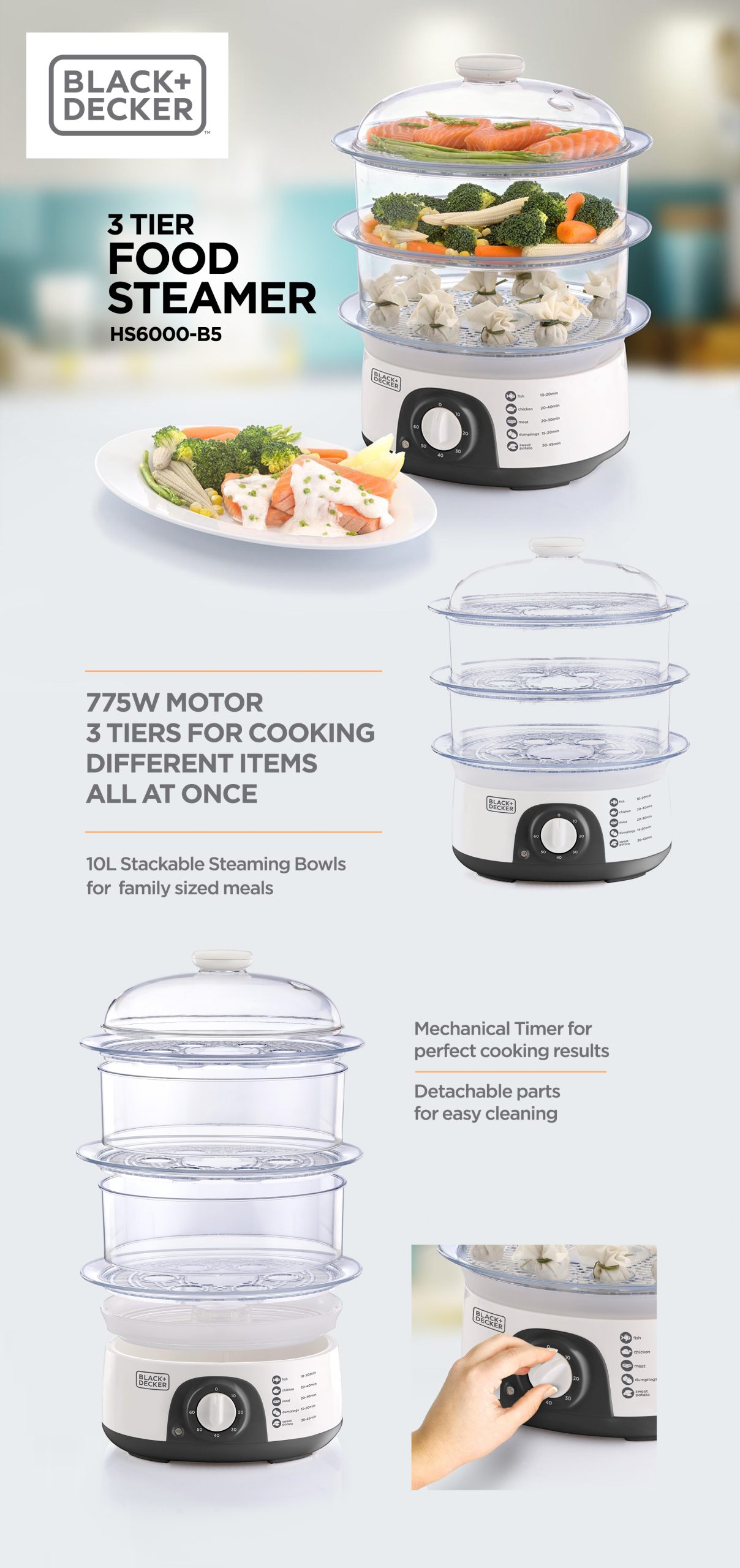 Beytech - Choose the Black+Decker HS6000 B5 3 Tier Food Steamer that allows  you to prepare lip smacking dishes for your family and friends. It features  stackable steaming bowls with a capacity