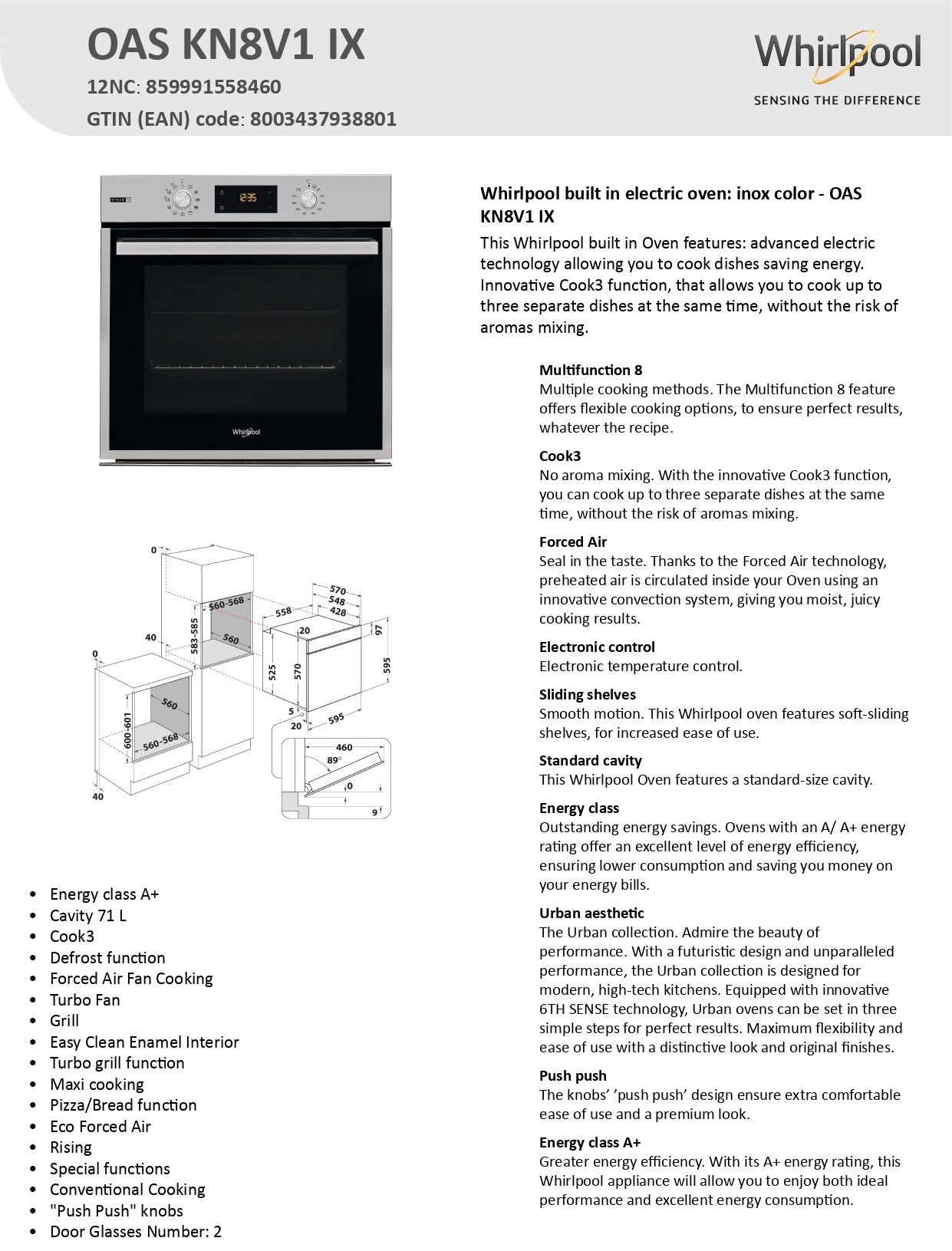 Four Encastrable WHIRLPOOL 71 Litres - Inox (OASKN8V1)