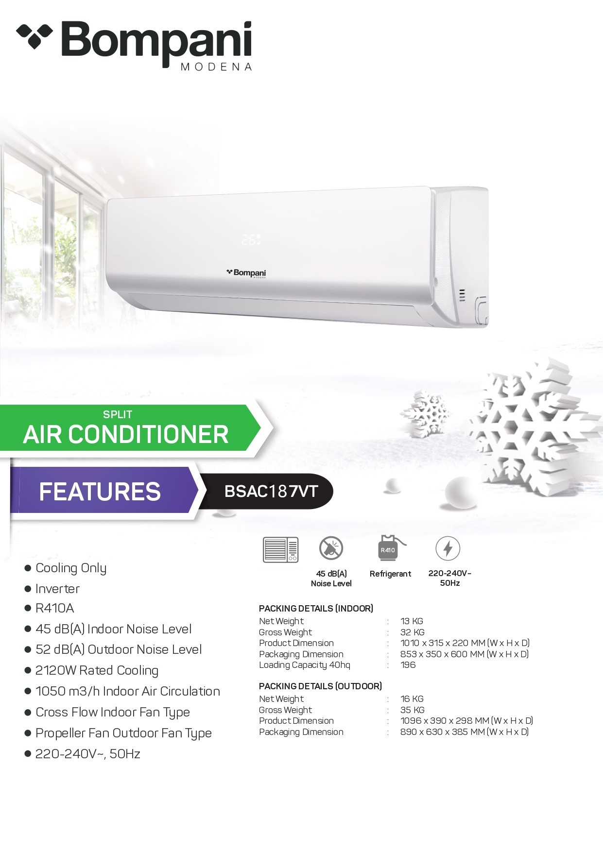 Bompani BSAC187VT | Split Air Conditioner 1.5 Ton 